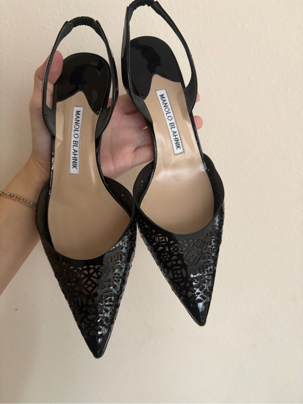 Manolo Blahnik Black Laser-Cut Pointed Slingback Heels